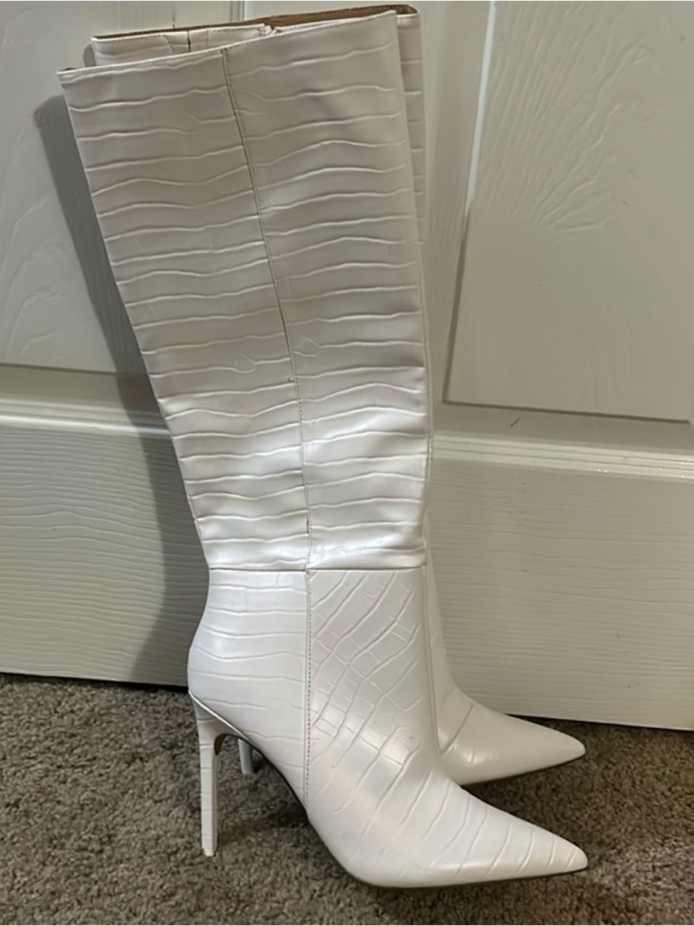 Jeffrey Campbell White Faux-Croc Knee-High Pointed Stiletto Boots